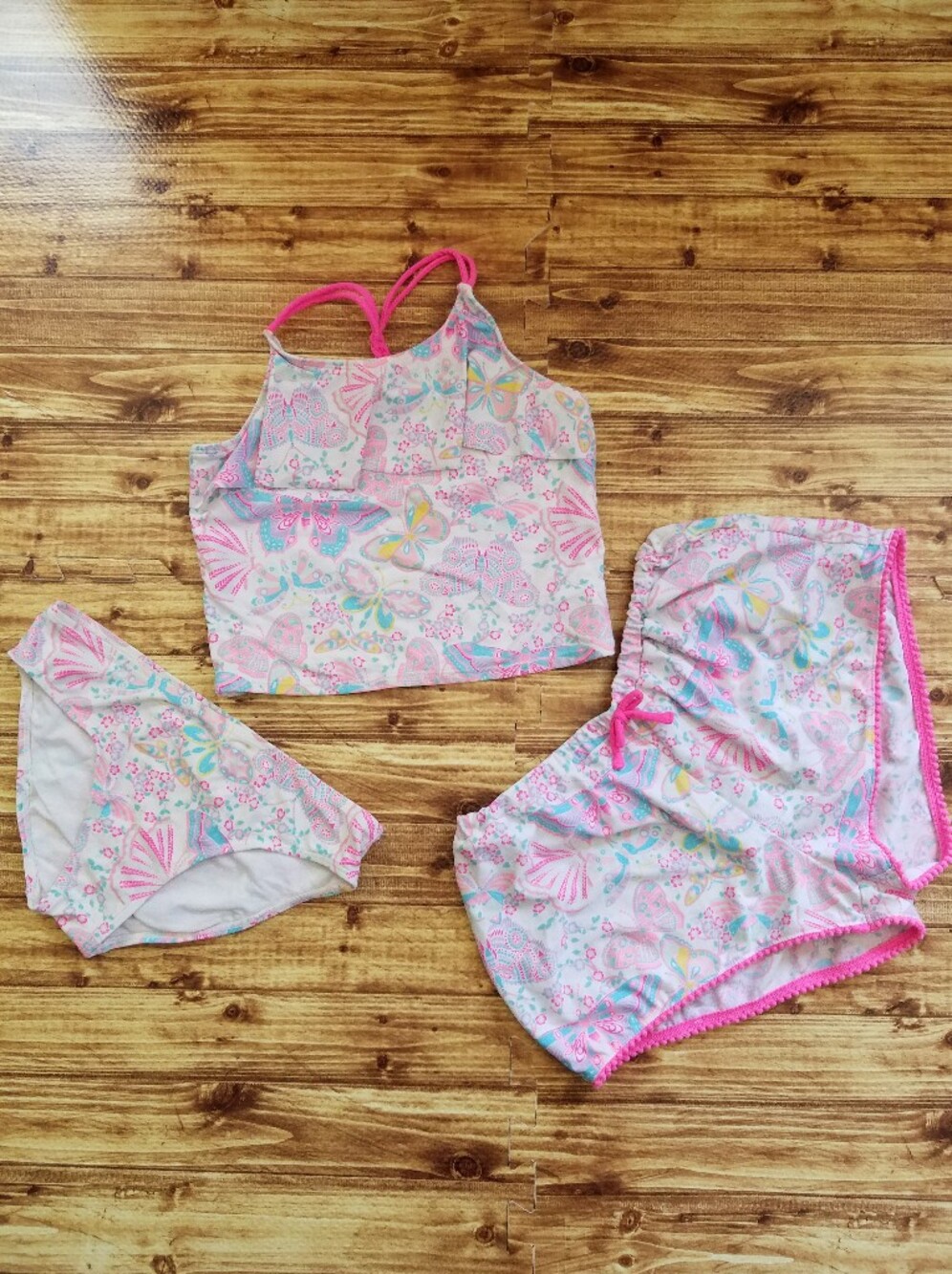 Children's Place Pink/White Kids Butterfly Tankini Set 3 Piece Girls Large 10/12